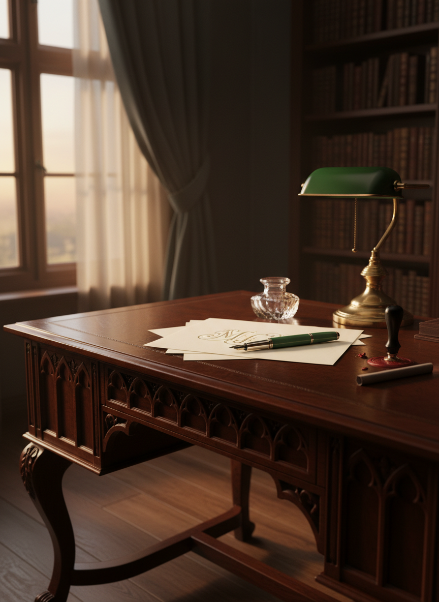 An ornate antique writing desk of dark mahogany, its surface immaculate except for a vintage jade-green fountain pen resting diagonally across a stack of ivory stationery embossed with an intricate monogram “MJ.” A crystal inkwell catches the light beside a minimalist black wax seal stamp, the wax stick partially melted. The desk sits near a tall window framed with heavy, midnight-colored drapes. Soft evening light filters through sheer inner curtains, blending with the warm glow of a nearby brass desk lamp, creating layered, moody illumination and elongated shadows. Photographic realism, shot at eye level with a rule-of-thirds composition and shallow depth of field that blurs a distant bookshelf, evoking a sense of private confessions, discretion, and intellectual dominance.