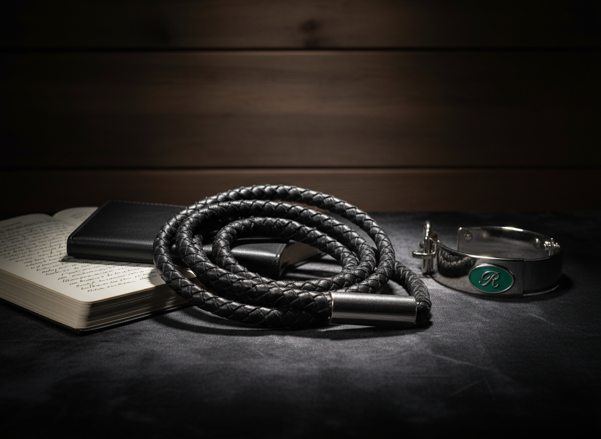 A meticulously arranged still life of luxurious black leather accessories on a deep charcoal velvet surface: a coiled, high-quality braided rope, a polished locking collar with a small jade-green enamel tag, and an elegant leather-bound journal slightly open to reveal cream pages filled with faint, handwritten script. The scene is set against a blurred dark-paneled wall, with a single soft, warm spotlight from above creating dramatic highlights on metal hardware and subtle sheen on leather. Gentle shadows emphasize texture and form. Photographic realism with a sophisticated, cinematic mood, composed at a slightly elevated three-quarter angle, shallow depth of field, and ample negative space for overlay text, evoking secrecy, control, and refined intimacy without any human presence.