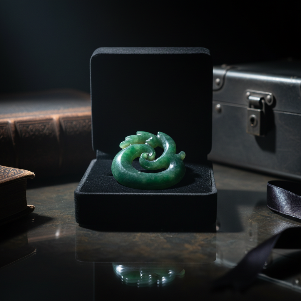 A close-up, photographic realistic composition of an elegant jade gemstone resting in a shallow black velvet-lined box, the stone carved into a smooth, abstract sigil rather than a recognizable symbol. The box sits on a smoked-glass tabletop, where faint reflections of the gemstone and box appear. Around it, partially in shadow, are hints of other objects: the curved edge of a leather-bound book, the corner of a locked steel case, and the tip of a dark satin ribbon disappearing out of frame. Illuminated by a narrow beam of cool, directional light from the side, the gemstone glows subtly, with deep emerald and lighter jade tones. Shot at a low angle with extreme close focus, background fading into darkness, evoking mystery, power, and the allure of a concealed identity.
