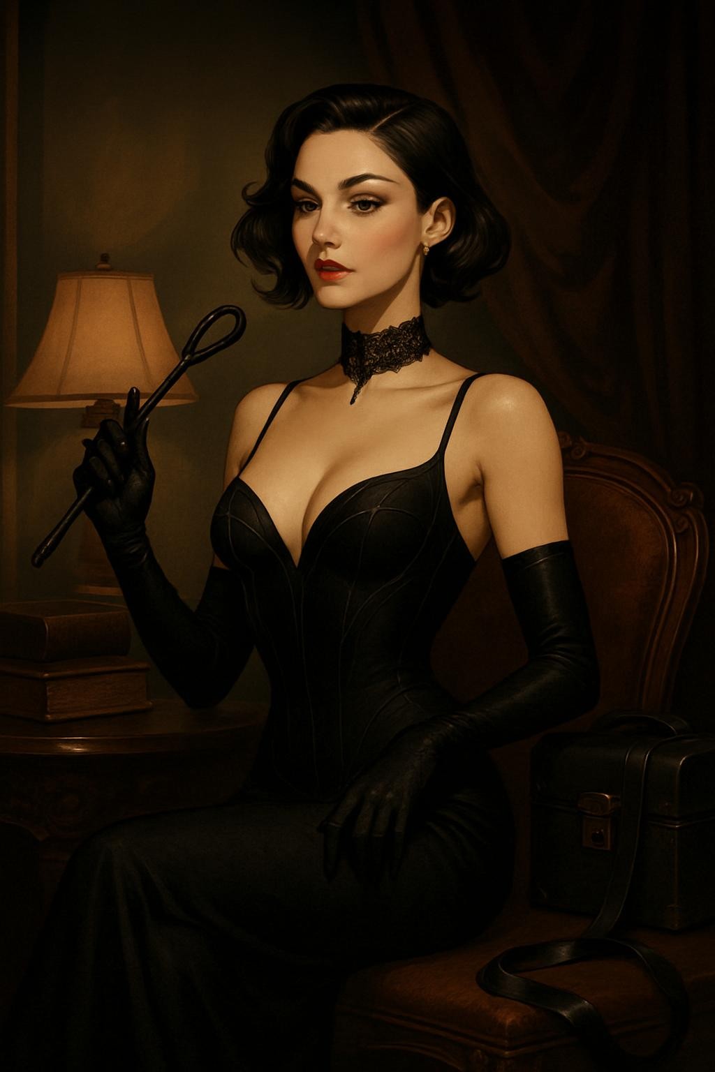 an elegant, stylized animated brunette dominatrix in a luxurious, moody setting, high-end, tasteful, no explicit nudity